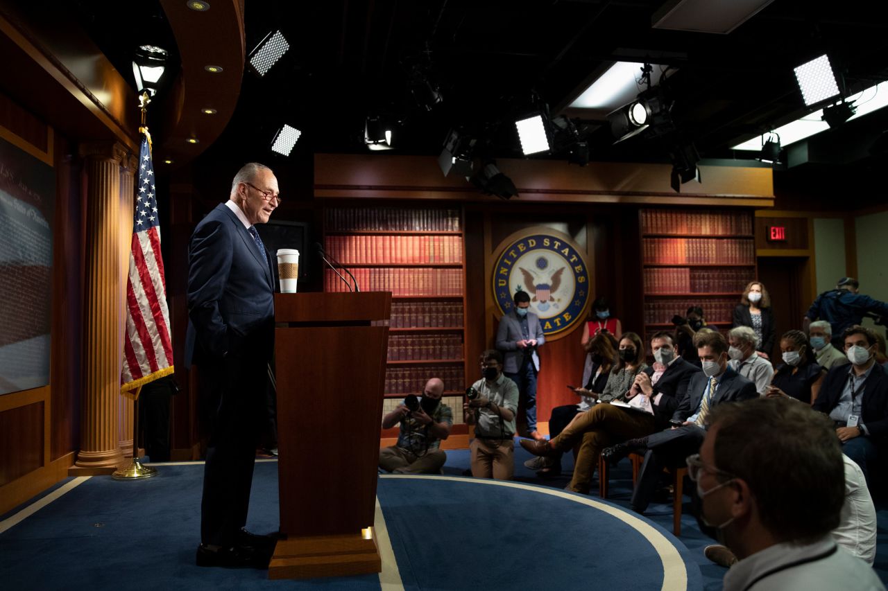 Senate Majority Leader Chuck Schumer delivers remarks during a news conference at the US Capitol on Wednesday, August 11. <a href="https://www.cnn.com/2021/08/11/politics/senate-approves-budget-resolution/index.html" target="_blank">Senate Democrats approved a $3.5 trillion budget resolution that morning.</a> It sets the stage for the party to craft and attempt to pass a sweeping economic package, expanding the social safety net that President Joe Biden has made a signature agenda item.