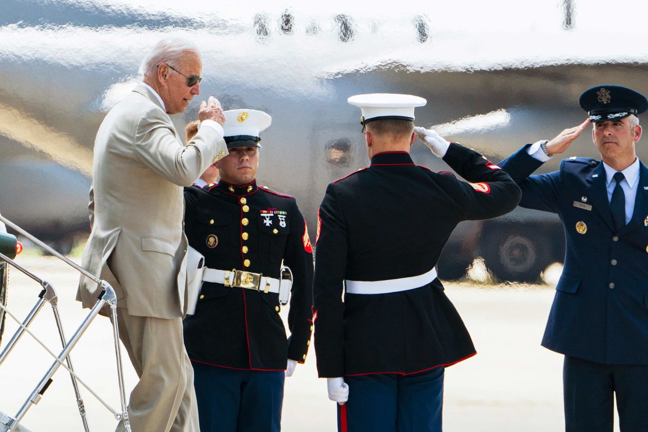 US President Joe Biden arrives at the Delaware Air National Guard Base in New Castle, Delaware, on Friday, August 6.