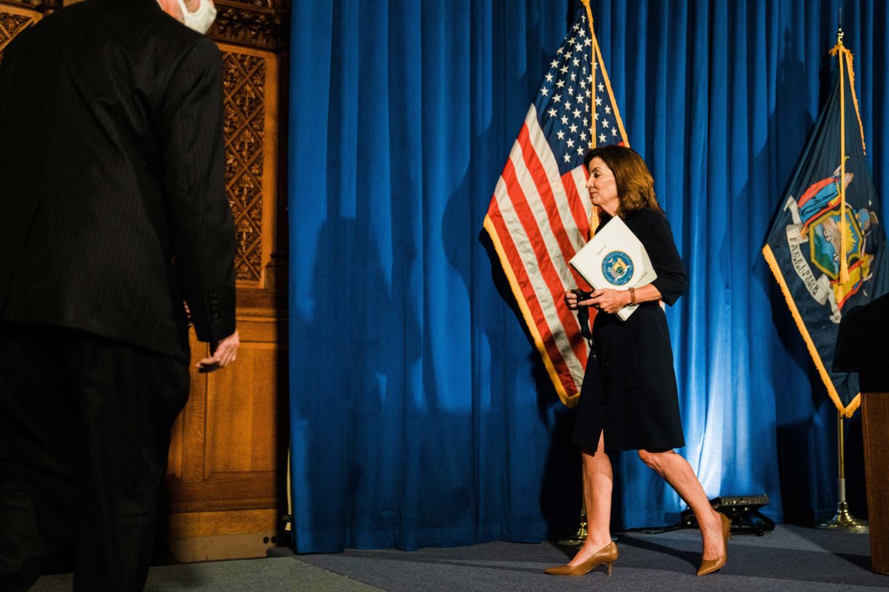 New York Lt. Gov. Kathy Hochul, who will succeed Andrew Cuomo as governor upon his promised resignation, is seen at a news conference in Albany, New York, on Wednesday, August 11. Hochul, a Buffalo native who is poised to become the state's first female governor, <a href="https://www.cnn.com/2021/08/11/politics/kathy-hochul-new-york-governor-andrew-cuomo-resignation/index.html" target="_blank">insisted that she had not been previously aware of the allegations against Cuomo.</a> She also vowed to clean house in the executive chamber.