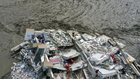 A drone photo shows ongoing rescue operations after heavy rains caused floods in Bozkurt district of Kastamonu, Turkey.