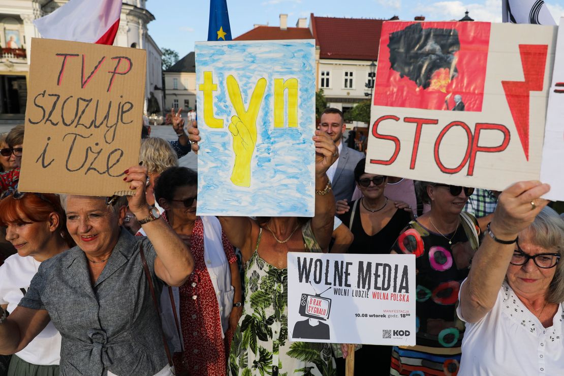 People attend "Free media" protest in Wadowice, Poland on August 10, 2021. 