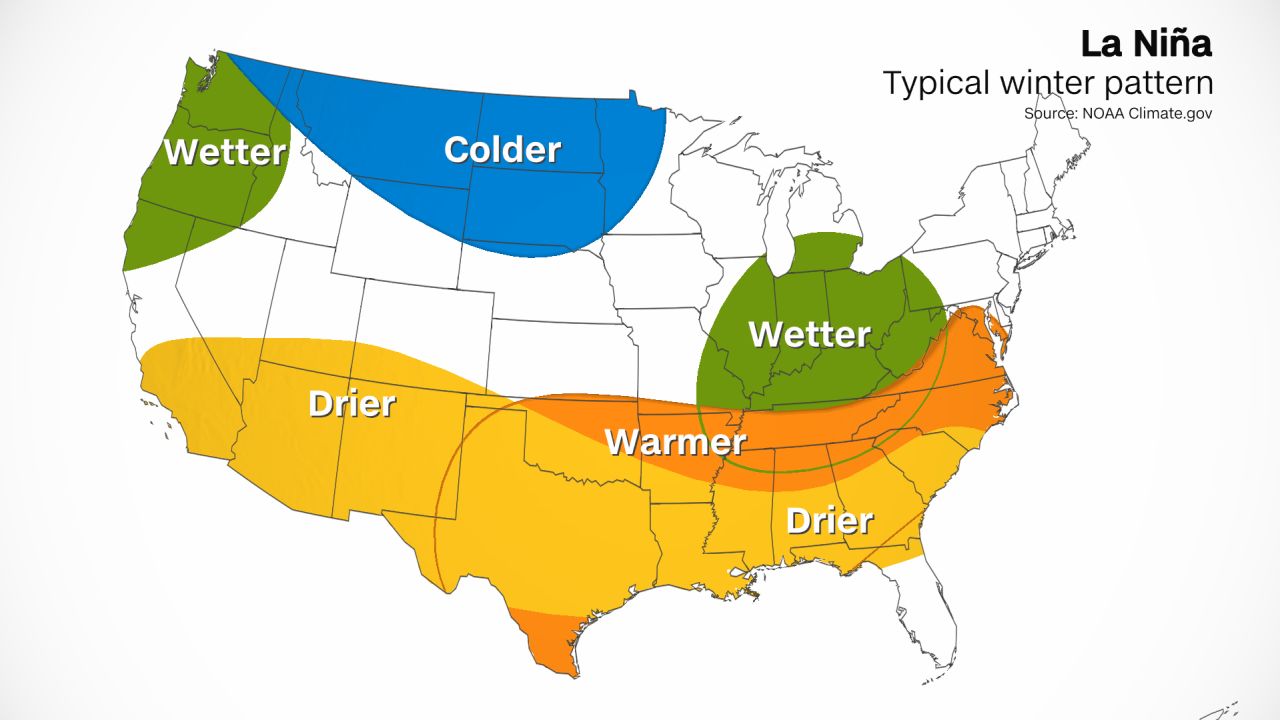 This map shows the typical weather pattern across the nation during a La Niña winter.