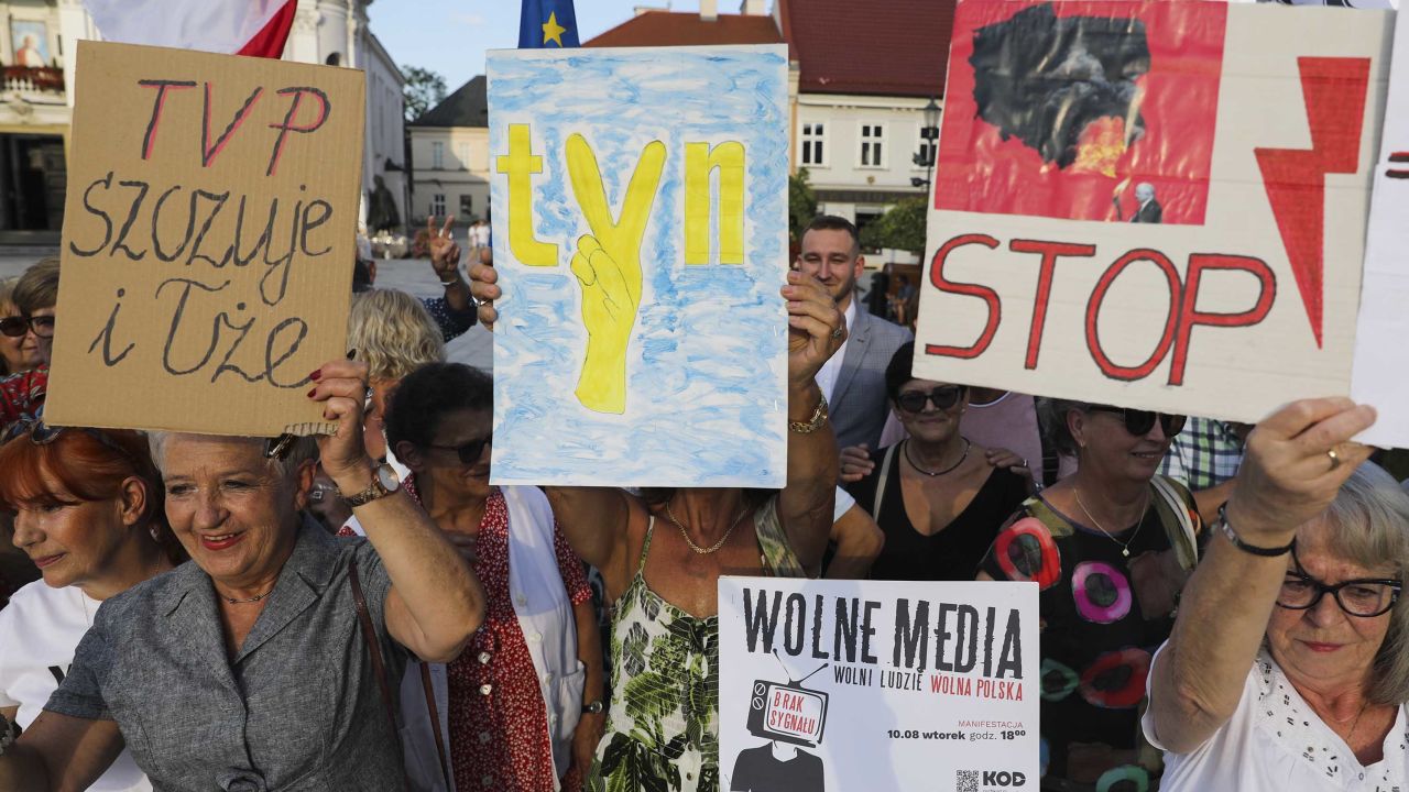 People protest in Poland this week against a media reform bill that could force Discovery to sell its majority stake in independent Polish broadcaster TVN24.