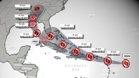 The track issued on Saturday morning of Tropical Depression Fred and Tropical Storm Grace over the next five days.