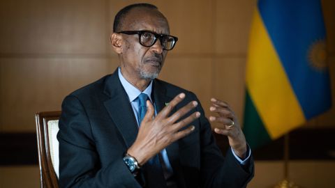 Rwanda's President Paul Kagame speaks during an interview with international media at the presidency office in Kigali, on May 28, 2021.