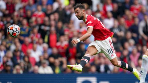 Manchester United's Bruno Fernandes scores his third goal in Manchester United's 5-1 win over Leeds United at Old Trafford.