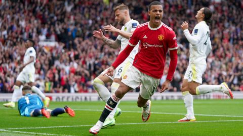 Manchester United's Mason Greenwood celebrates after scoring his team's second goal.