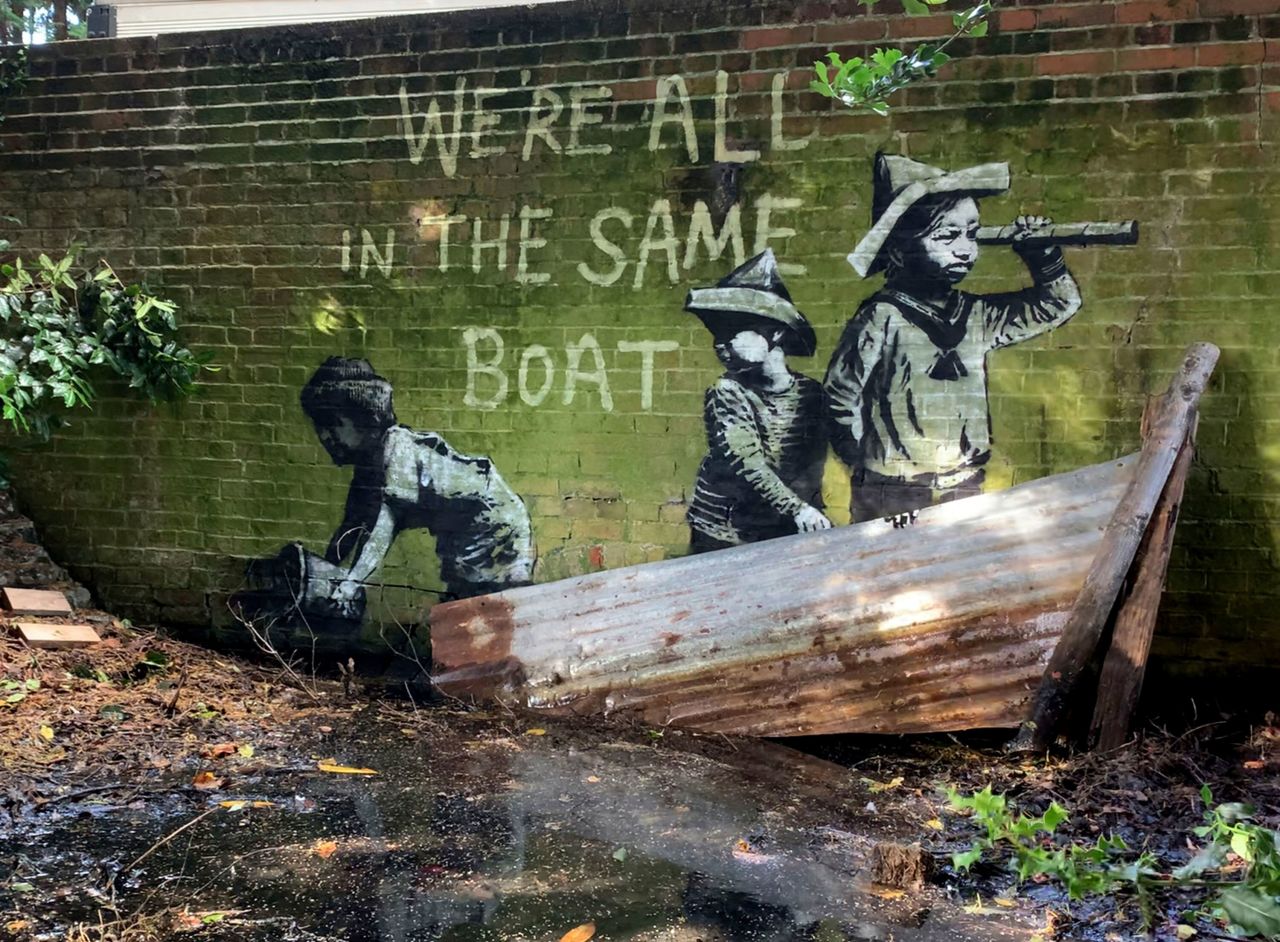 Street art which has appeared on a wall in Nicholas Everitt Park, new work by street artist Banksy, in Lowestoft, England, Saturday, Aug. 7, 2021.