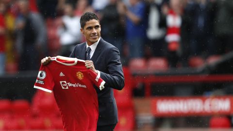 Manchester United's Raphaël Varane is presented to the fans ahead of the English Premier League football match against Leeds United.