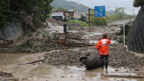 A landslide triggered by a torrential rain covers a road in Otsu, Shiga Prefecture on Saturday.