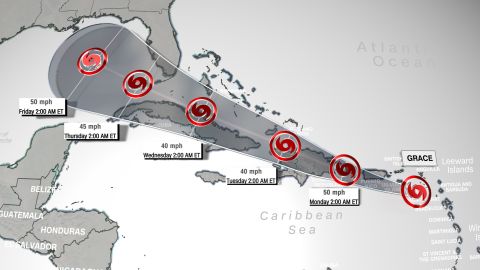 The forecast track of Tropical Storm Grace on Sunday morning showing the storm's track over the northern Caribbean.