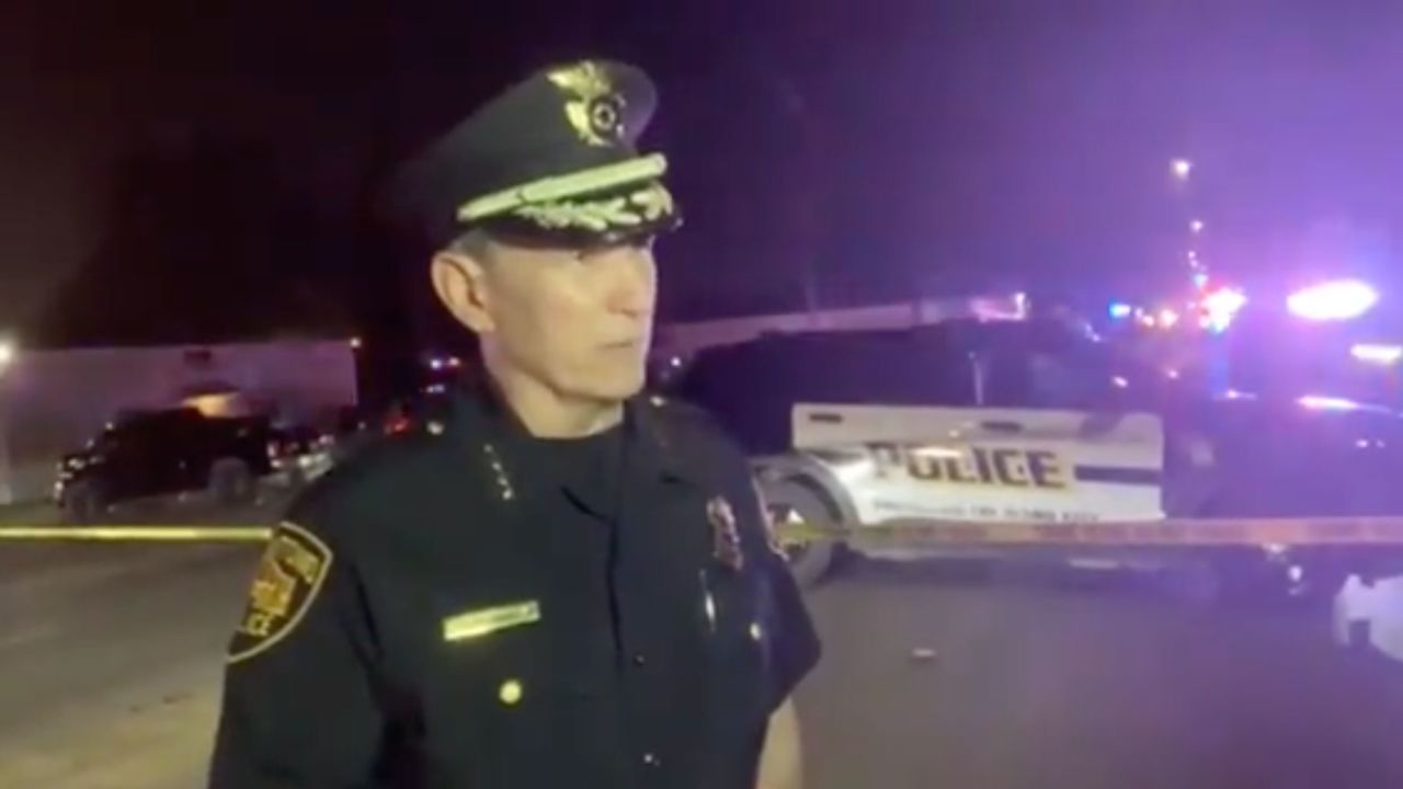 San Antonio police chief William McManus talks to reporters at the scene of a shooting outside a sports bar on Sunday, August 15, 2021.