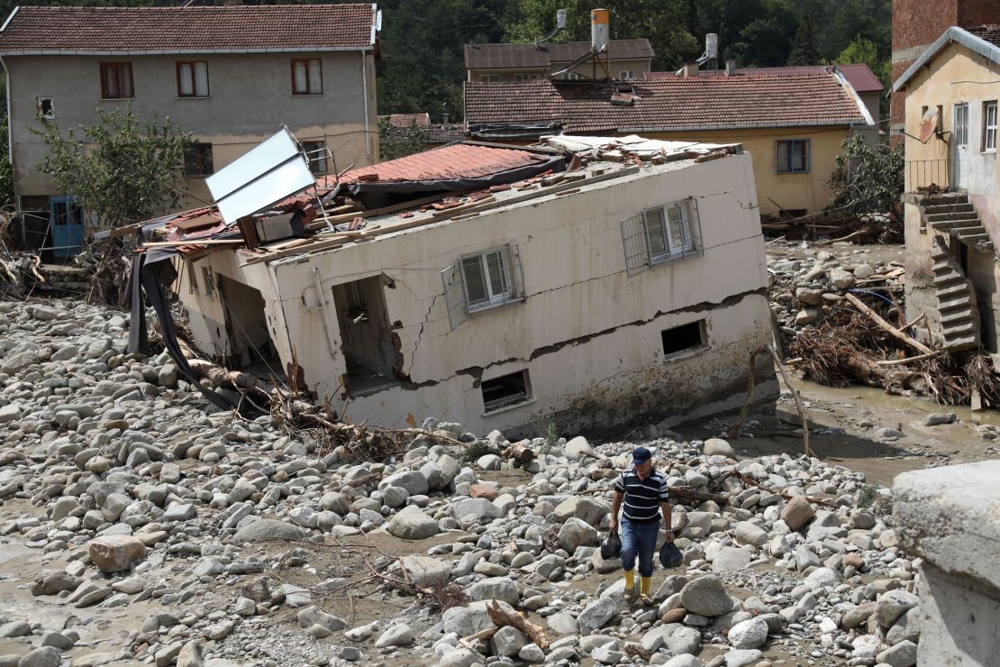 A drone photo shows  Babacay village after flooding caused by heavy rains in the Ayancik district of Sinop, Turkey, on Saturday.