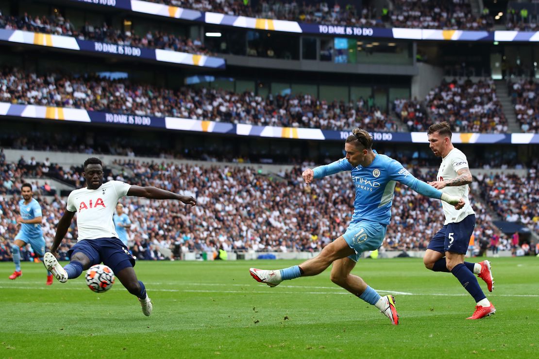Manchester City's Jack Grealish shoots during the Premier League match against Tottenham Hotspur.