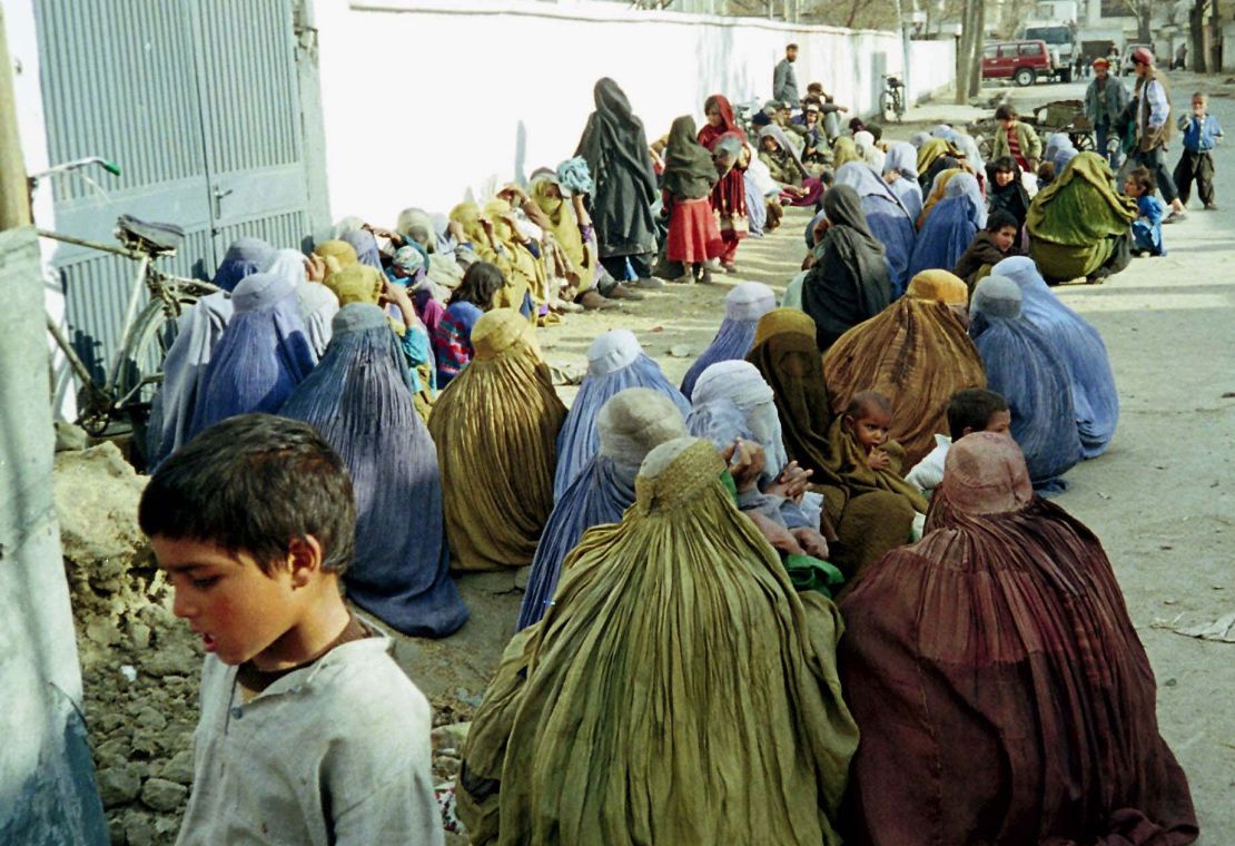 Women huddle outside the UN offices in Kabul seeking help in January, 1999.  