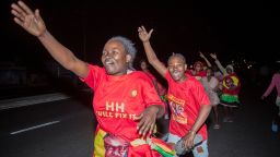 Supporters of Zambian presidential candidate for the opposition party United Party for National Development (UPND) Hakainde Hichilema celebrate his election as Zambian President in Lusaka, on August 16, 2021. - Zambia's opposition leader Hakainde Hichilema was on August 16, 2021 declared winner of the hotly contested presidential election after capturing more than 2.8 million votes. (Photo by Salim DAWOOD / AFP) (Photo by SALIM DAWOOD/AFP via Getty Images)