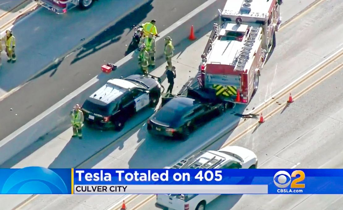 This Jan. 22, 2018, file photo shows a Tesla Model S electric car that has crashed into a fire engine on Interstate 405 in Culver City, Calif. This is one of 11 accidents involving Tesla vehicles using Autopilot and emergency vehicles.