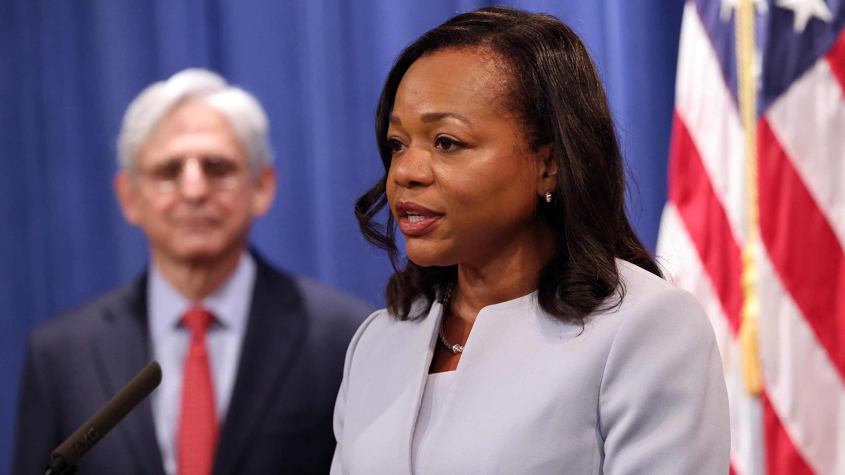 U.S. Assistant Attorney General for the Civil Rights Division Kristen Clarke speaking during a news conference at the Department of Justice on August 5, 2021 in Washington, DC.