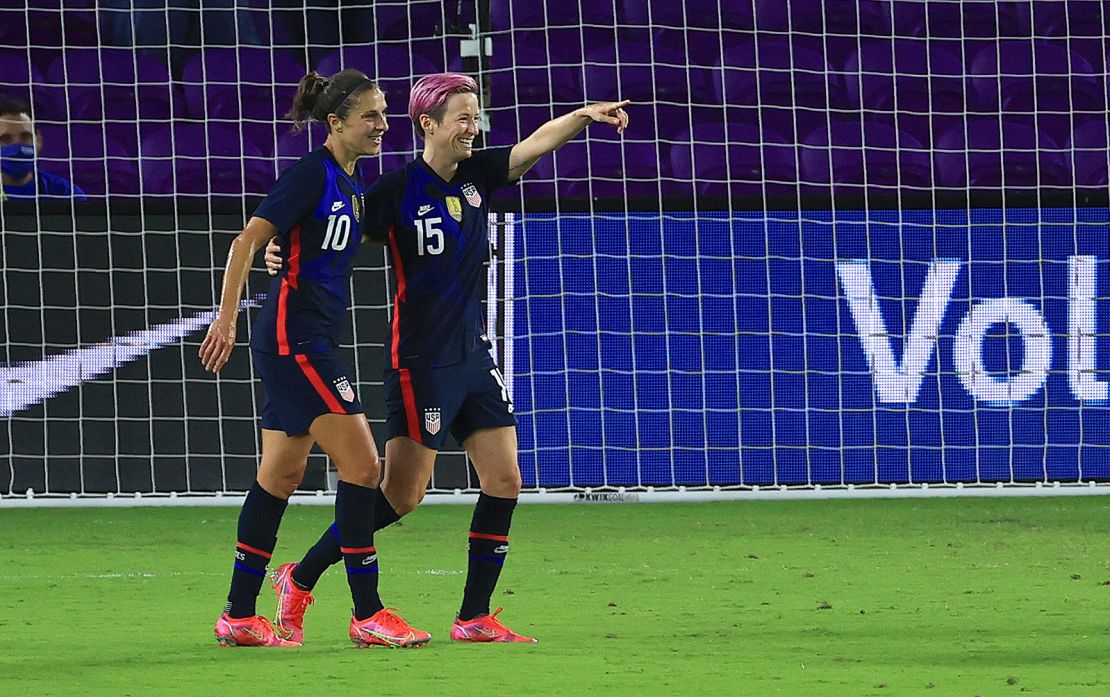Megan Rapinoe celebrates a goal with Lloyd during a match against Argentina in the SheBelieves Cup.