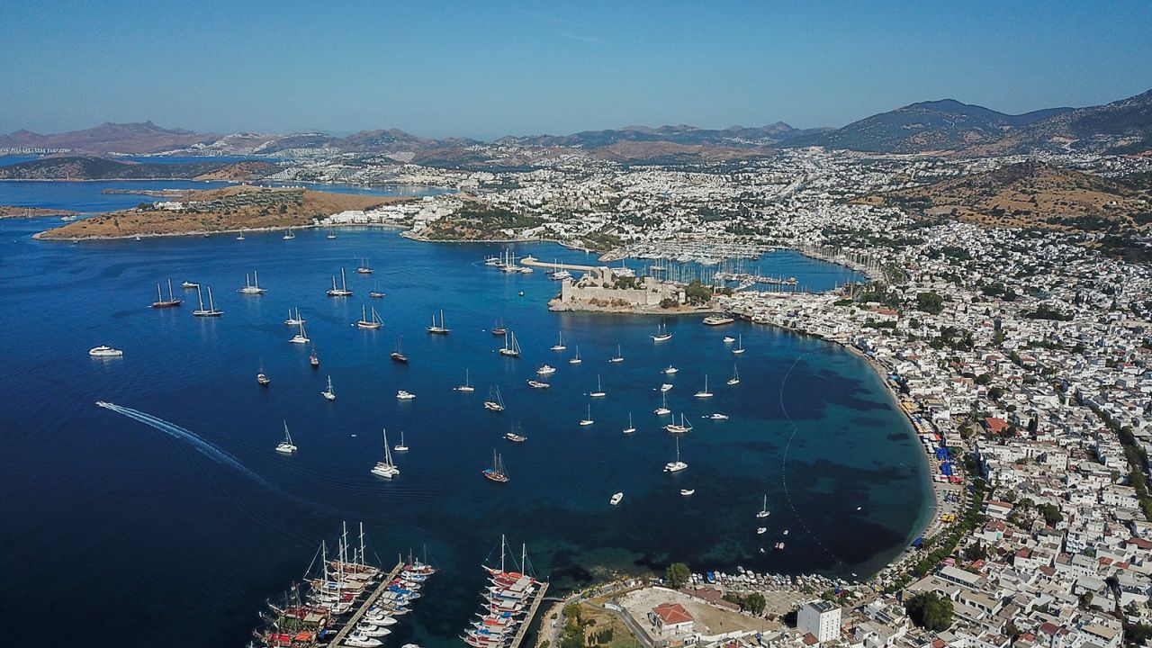 This aerial view taken on June 17, 2021 shows the city of Bodrum, on the Aegean Sea, southwestern Turkey. - The Russians are finally coming but most of the Turkish resorts doubt their converted rubles can save what looks like another lost summer, AFP reports on June 27, 2021. (Photo by BULENT KILIC / AFP) (Photo by BULENT KILIC/AFP via Getty Images)