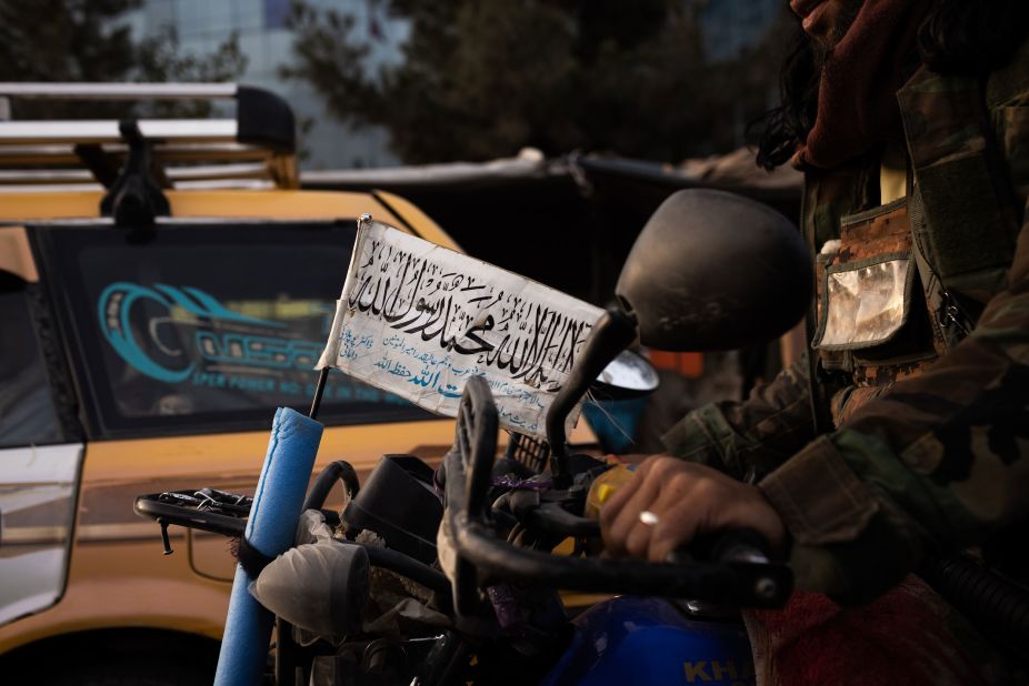 A Taliban flag is seen on a motorcycle ridden by a Taliban fighter on August 15.