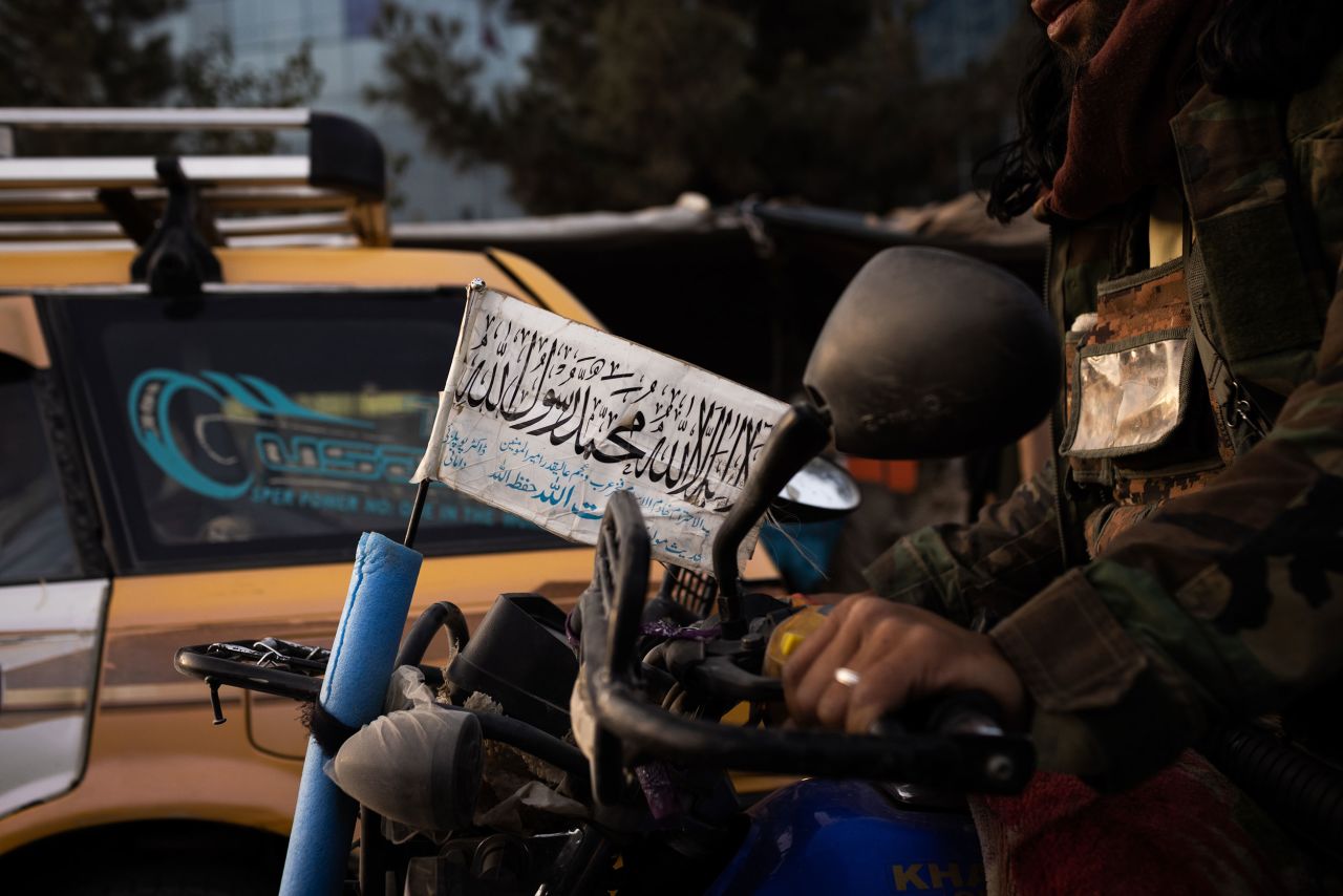 A Taliban flag is seen on a motorcycle ridden by a Taliban fighter on August 15.