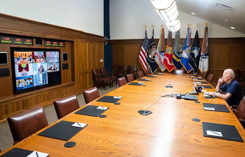 US President Joe Biden holds a virtual meeting with senior officials and members of his national security team on August 15. Biden was working from Maryland's Camp David, the presidential retreat where he was vacationing at the time.
