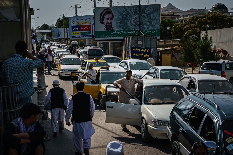 A traffic jam is seen in Kabul on August 15 as some Afghans were looking to flee the city.