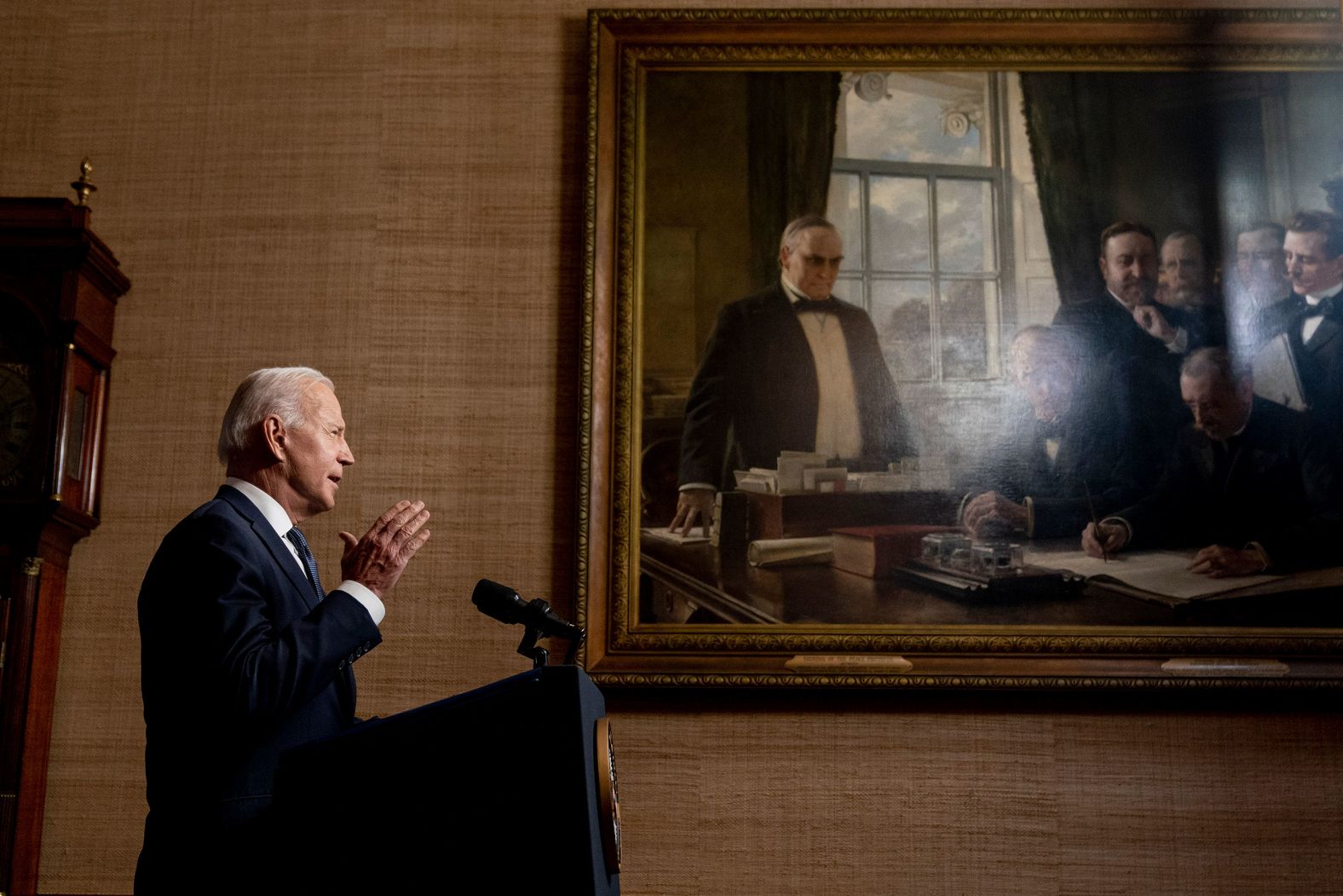 US President Joe Biden, speaking from the White House Treaty Room on April 14, <a href="index.php?page=&url=https%3A%2F%2Fwww.cnn.com%2F2021%2F04%2F14%2Fmiddleeast%2Fgallery%2Fafghanistan-war%2Findex.html" target="_blank">formally announces his decision to withdraw American troops from Afghanistan</a> before September 11. "I am now the fourth American president to preside over an American troop presence in Afghanistan. Two Republicans. Two Democrats," Biden said. "I will not pass this responsibility to a fifth."