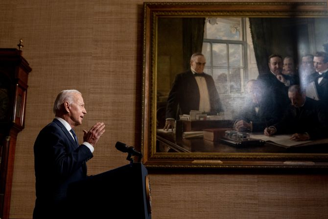 US President Joe Biden, speaking from the White House Treaty Room on April 14, <a href="index.php?page=&url=https%3A%2F%2Fwww.cnn.com%2F2021%2F04%2F14%2Fmiddleeast%2Fgallery%2Fafghanistan-war%2Findex.html" target="_blank">formally announces his decision to withdraw American troops from Afghanistan</a> before September 11. "I am now the fourth American president to preside over an American troop presence in Afghanistan. Two Republicans. Two Democrats," Biden said. "I will not pass this responsibility to a fifth." 