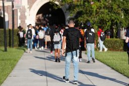 Students return on the first day of school at Hillsborough High School in Tampa, Florida, on August 10, 2021.