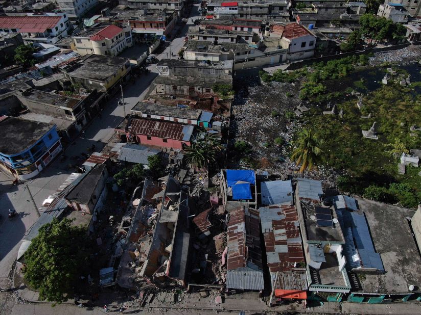 An aerial view of collapsed buildings in Les Cayes.