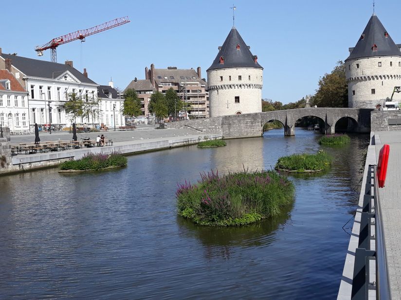 Shaw says that the introduction of Biomatrix Water's floating platforms, like these ones in Kortrijk, Belgium, encourages local communities to become caretakers for their waterways, creating a lasting positive relationship between the cities and their rivers.