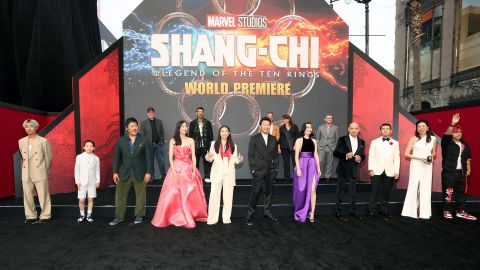Dallas Liu, Jayden Zhang, Benedict Wong, Marvel Studios Chief Kevin Feige, Fala Chen, Director Destin Daniel Cretton, Awkwafina, Simu Liu,  Marvel Studios Co-President Louis D'Esposito, VP of Production Marvel Studios Victoria Alonso, Meng'er Zhang, Executive Producer Marvel Studios Jonathan Schwartz, Ben Kingsley, Ronny Chieng, Jodi Long, and Andy Le at the "Shang-Chi and the Legend of the Ten Rings" premiere on Monday.