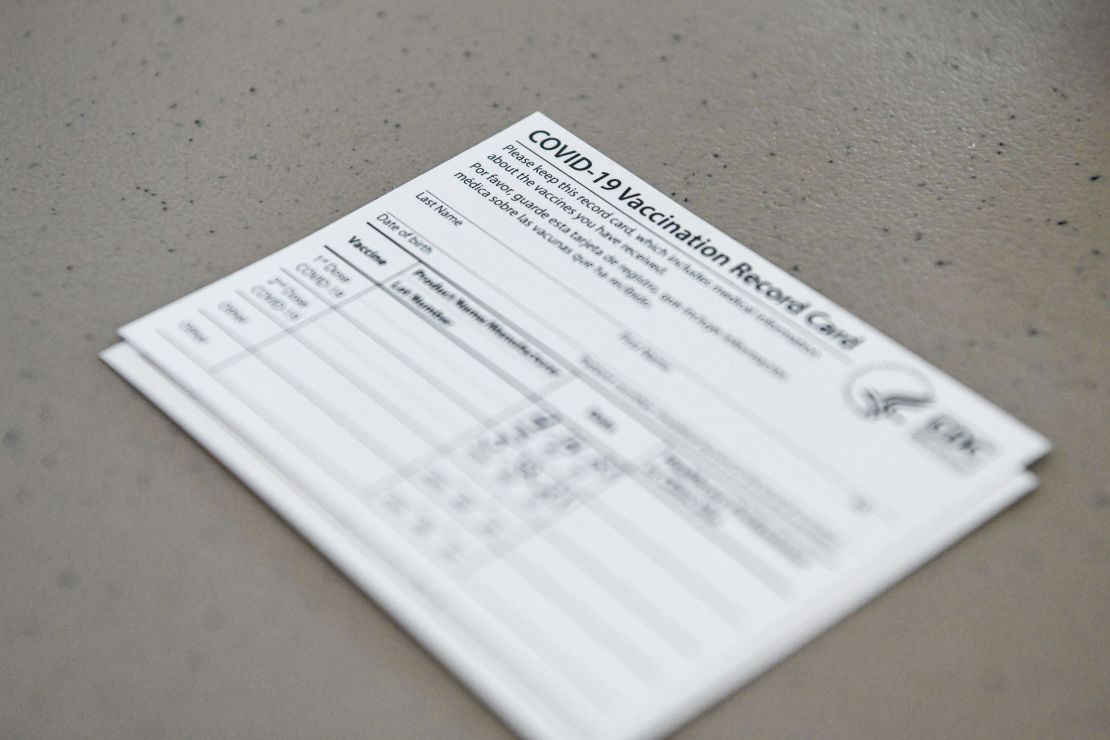 A Covid-19 vaccine record card is seen here at the Florida Memorial University Vaccination Site in Miami Gardens, Florida in April 2021