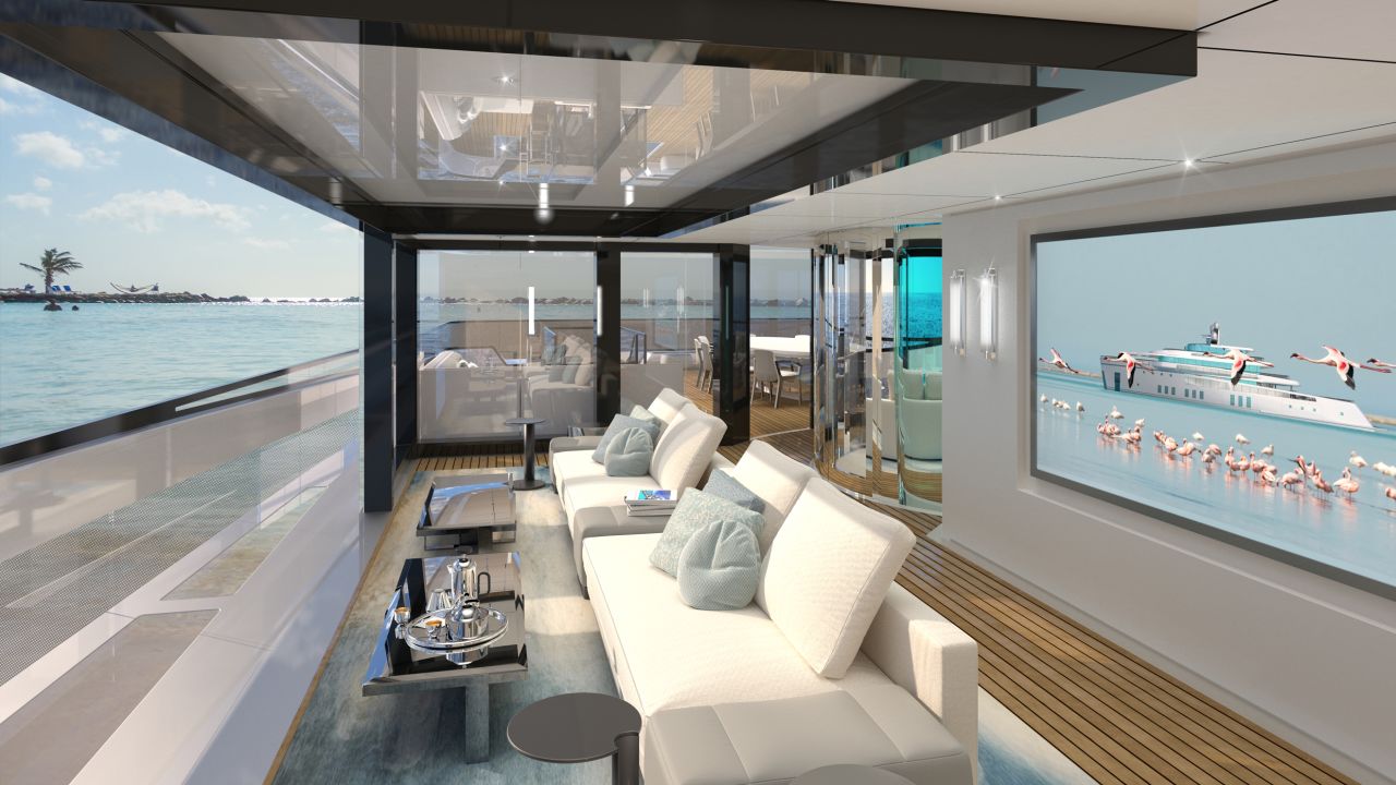 <strong>Casual luxury:</strong> The vessel's unique exterior is made up of huge walls of reflective glass, while its interior is described as "Transformers in an architectural context."