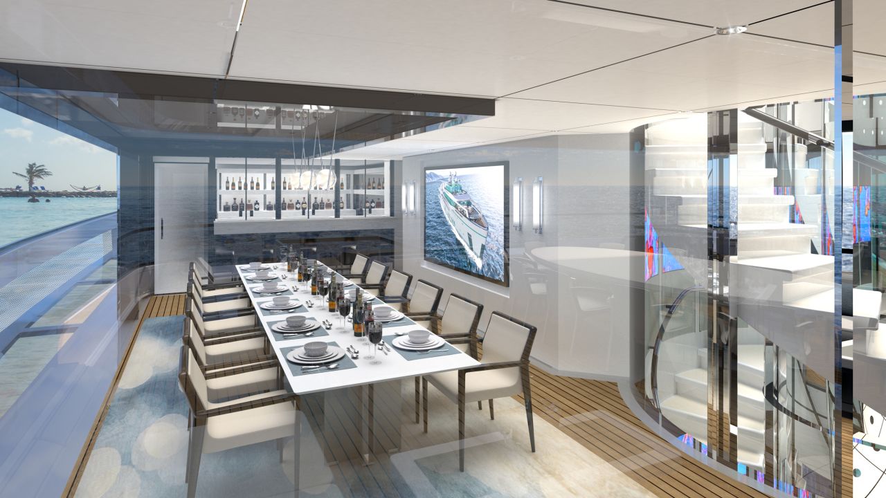 The interior of the vessel holds a number of casual dining, living and entertainment spaces.