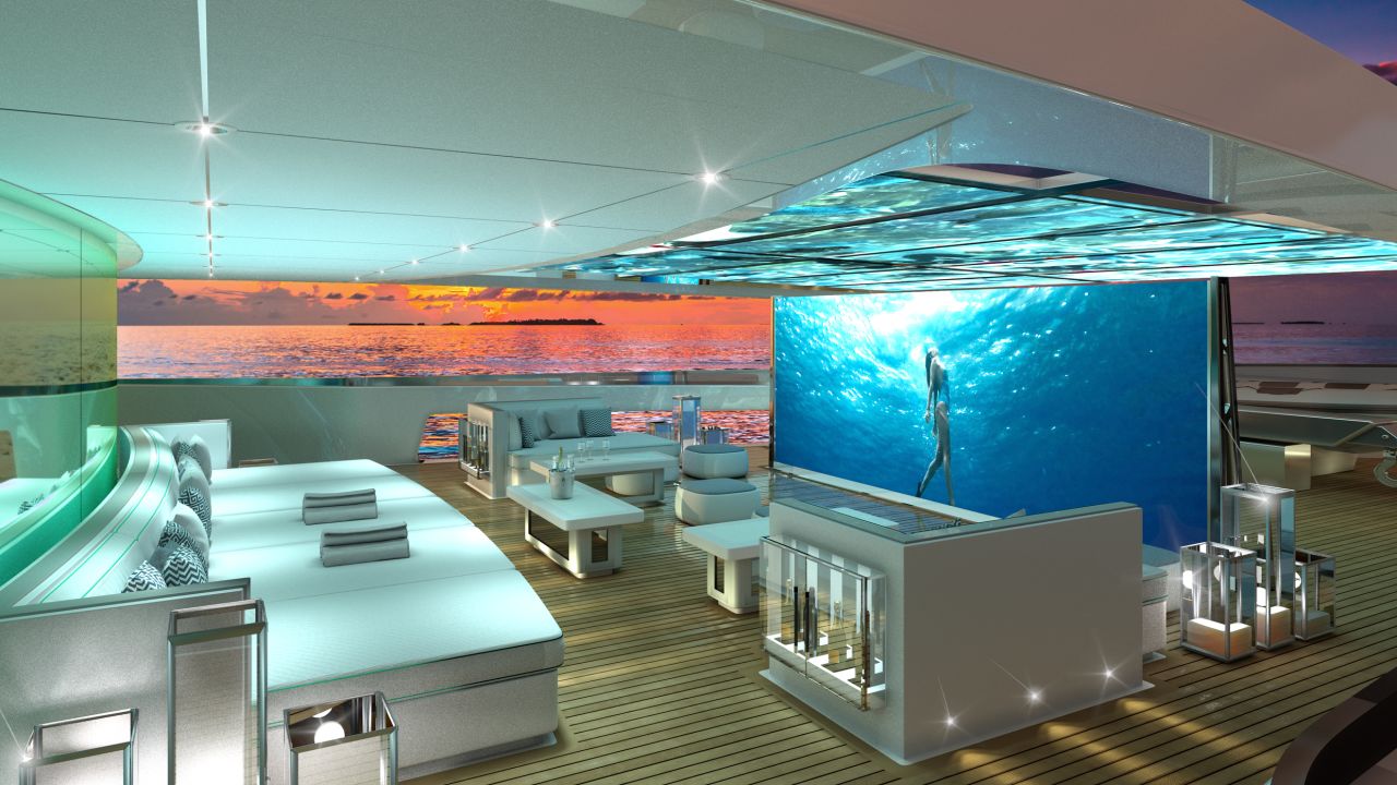 The vessel's onboard open air cinema area can be converted into a large oceanfront terrace.