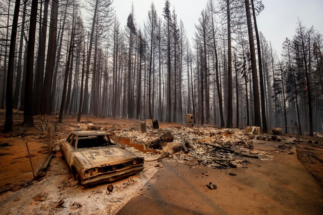 A vehicle destroyed by the Caldor Fire in Grizzly Flats, California, on August 17.