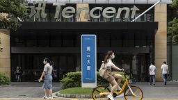 Signage for Tencent Technologies Inc. outside one of the company's office buildings in Shanghai, China, on Monday, Aug. 16, 2021. Tencent is scheduled to report earnings on Aug. 18 amid sustained criticism from state media over online games. Photographer: Qilai Shen/Bloomberg via Getty Images