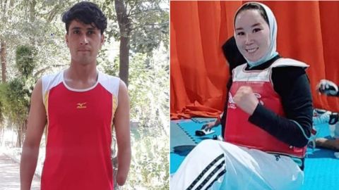 A split of Afghan track athlete Hossain Rasouli and taekwondo athlete Zakia Khudadadi