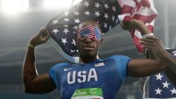 RIO DE JANEIRO, BRAZIL - SEPTEMBER 11: David Brown of United States celebretes the victory after the Men's 100m - T11 Final during day 4 of the Rio 2016 Paralympic Games at the Olympic Stadium on September 11, 2016 in Rio de Janeiro, Brazil. (Photo by Alexandre Loureiro/Getty Images)