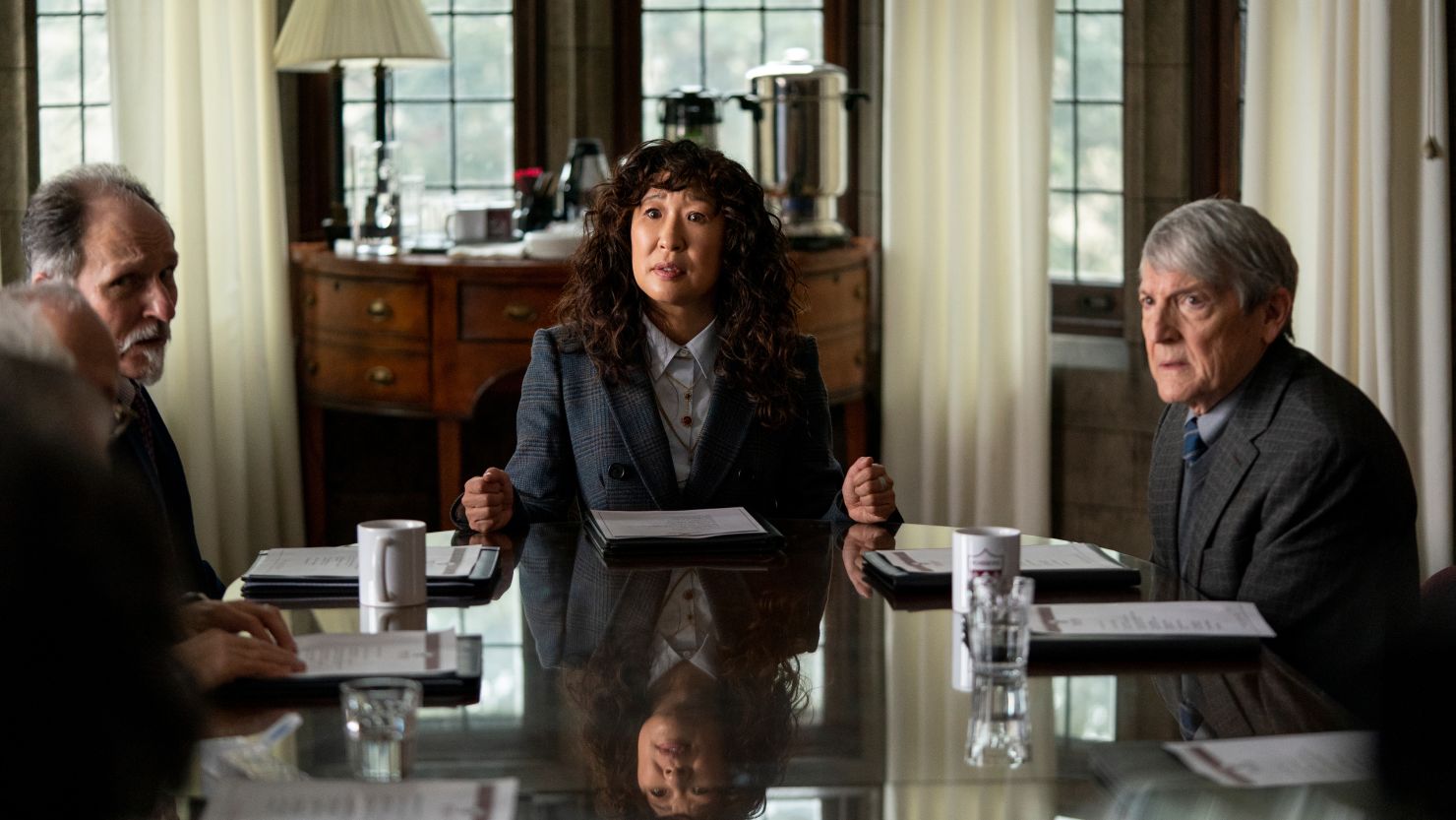 Ken Bolden, Sandra Oh and Mark Philip Stevenson in 'The Chair' (Eliza Morse/Netflix).