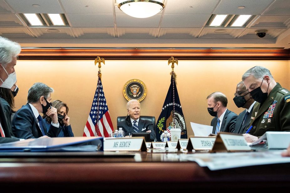 In this photo released by the White House on August 18, US President Joe Biden and Vice President Kamala Harris are briefed by their national security team on the evolving situation in Afghanistan.