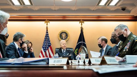 In this photo released by the White House, US President Joe Biden and Vice President Kamala Harris are briefed by their national security team on the evolving situation in Afghanistan on Wednesday, August 18.