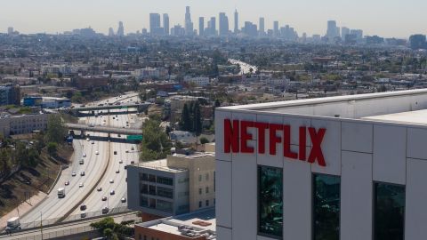Signage outside the Netflix Inc. office building on Sunset Boulevard in Los Angeles, California, U.S. on Monday, April 19, 2021. 