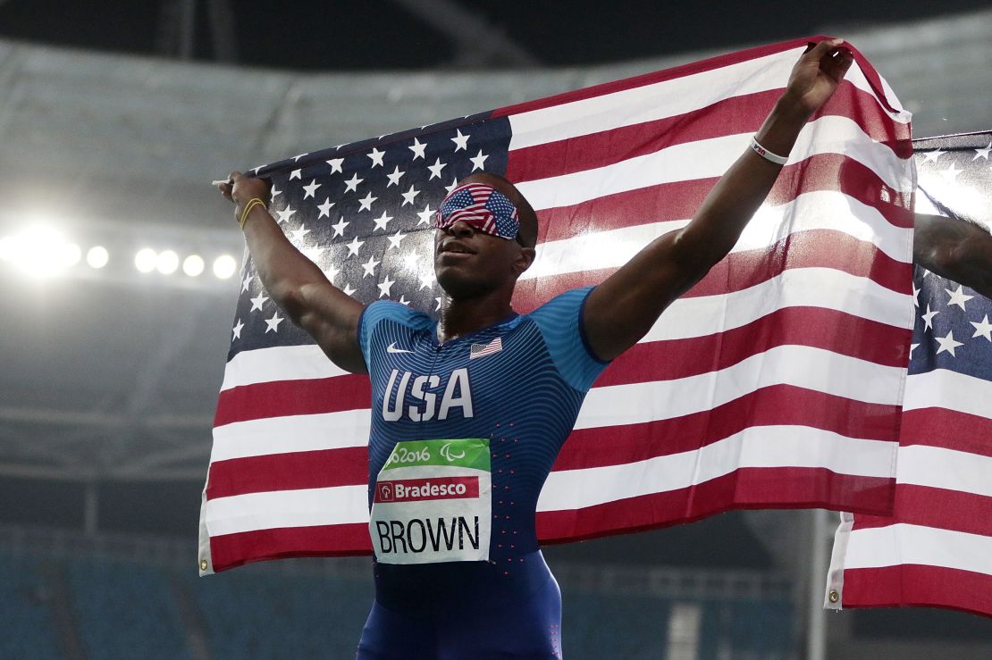 Brown celebrates winning the men's 100m T11 final at the Rio Paralympics. 