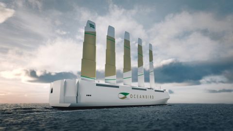 Pictured here as a rendering, <a href="https://edition.cnn.com/travel/article/oceanbird-wind-powered-car-carrier-spc-intl/index.html" target="_blank">Oceanbird</a> is a wind-powered transatlantic car carrier that cuts carbon emissions by 90%, compared to a standard car carrier.