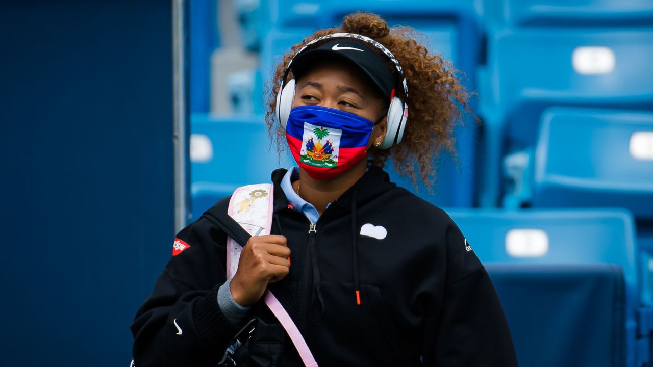 Naomi Osaka wears a Haiti face mask ahead of her second round match at the Western & Southern Open.