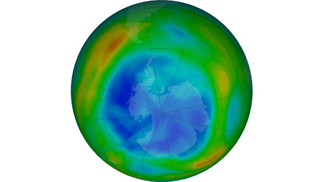 A simulated image of the ozone over the Antarctic pole. The purple and blue show where there is the least ozone, and the yellows and reds are where there is more. 
